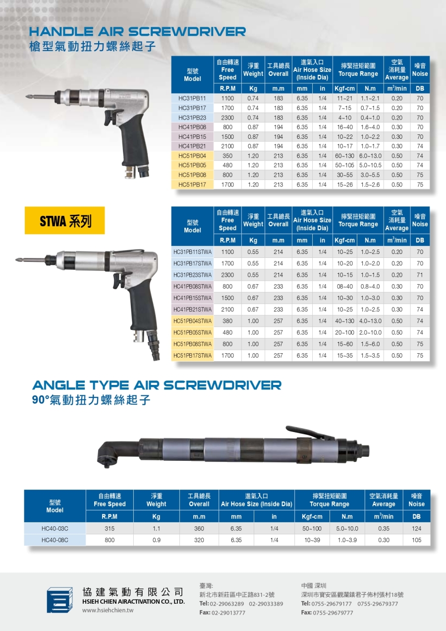 定扭槍型氣動起子 扭力4~130 HC-31PB/41PB/51PB